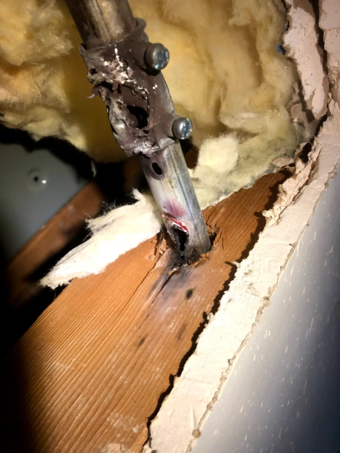 Damaged conductor in conduit where nicked insulation allowed the wire to ground against the pipe