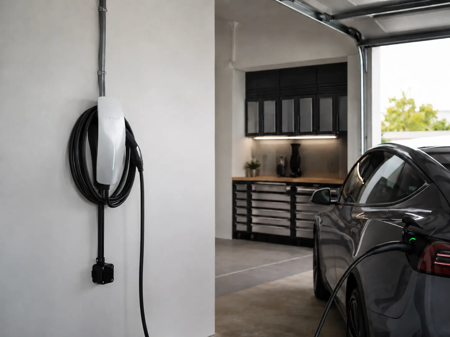 Wall-mounted Level 2 EV charger installed in a residential garage